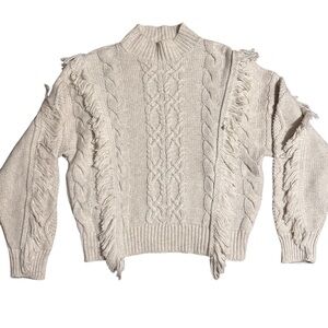 NWT Leith Cable Knit Fringe Mock Neck Sweater